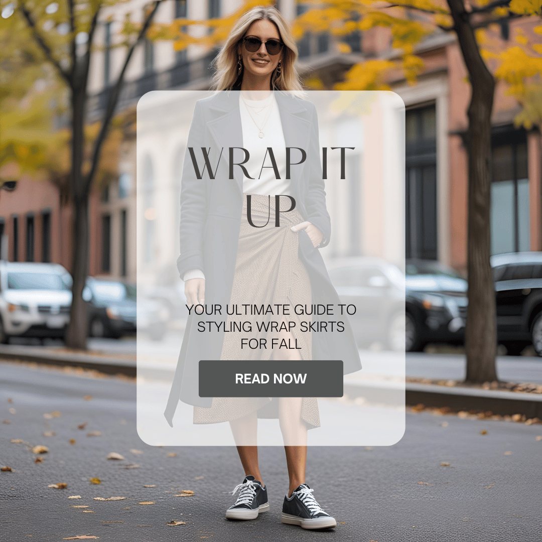 Elevate your autumn wardrobe with stylish wrap skirts! Discover chic ways to style wrap skirts this fall for any occasion. Read more on Curating Edits. Image shows woman wearing a wrap skirt casually with sneakers a white top and a long coat.